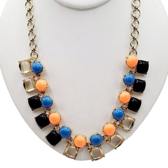 J. Crew Statement Necklace Coral Blue Gold Tone Poured Glass Look SIgned 21.5" - Picture 1 of 9